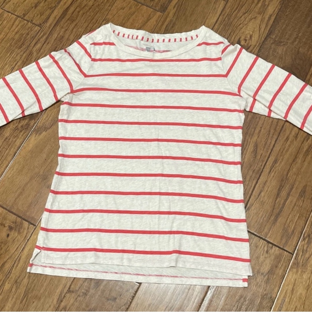 JCP JCPenney Boat Neck Top Small 3/4 Quarter Sleeve Striped Cream Orange Shirt